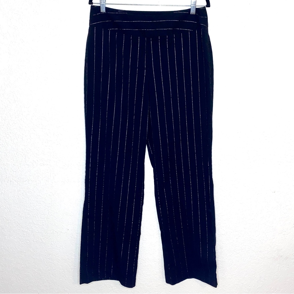 D.F.A. New York Black W/ Silver Pin Stripe Wide Leg High Rise Trousers Size 12